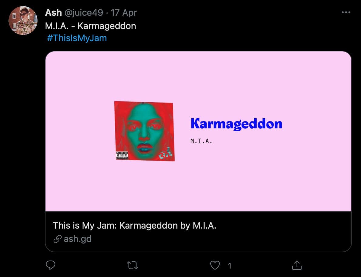 Screenshot showing the This is My Jam OG image as it appears on Twitter
